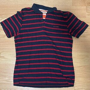 Ben Sherman Red & Navy Blue Stripe Polo Shirt - Vintage